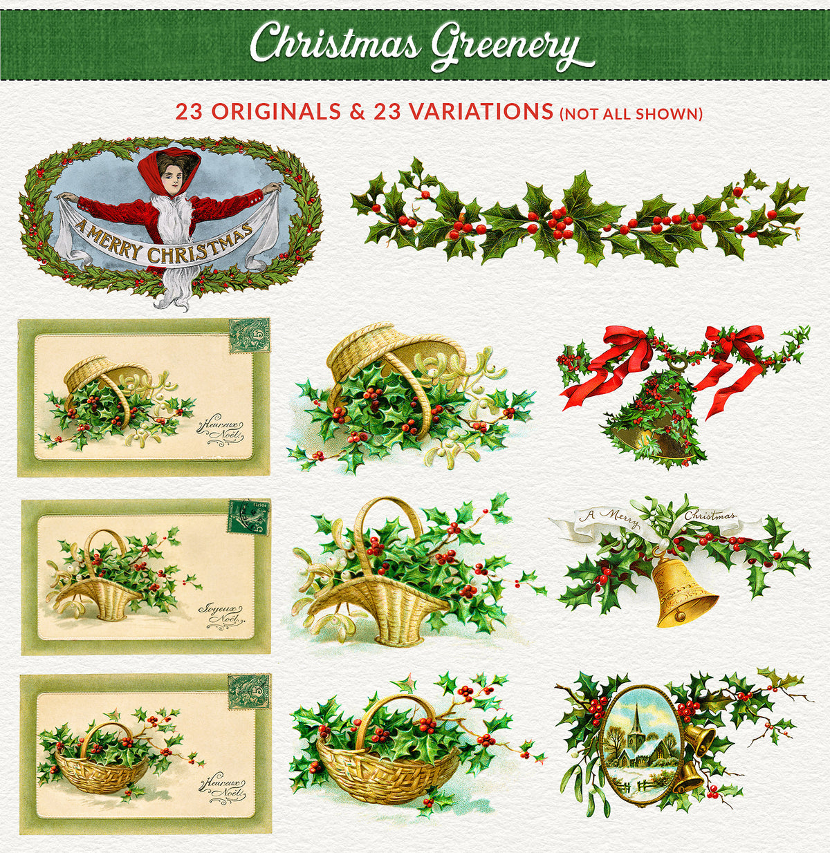 Vintage Christmas Illustrations Compendium  Holly and greenery graphics.