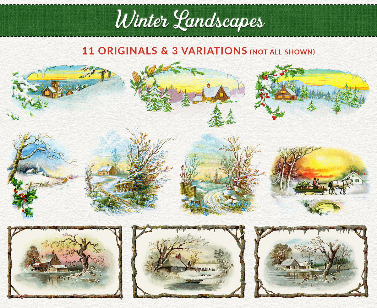 Vintage Christmas Illustrations Compendium  Holly and Winter Landscapes graphics.