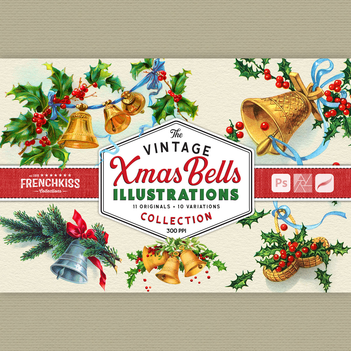 The Vintage Christmas Bells vintage illustrations digital graphic collection.