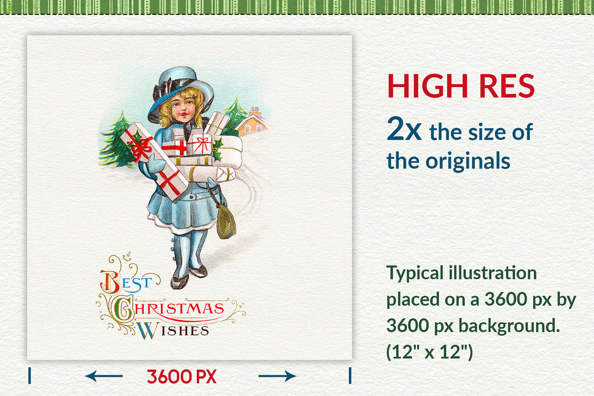 Illustrations are  2x the size of originals in the Vintage Christmas Illustrations Compendium extended license graphics.