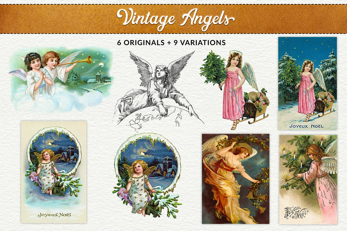 Vintage Angel illustrations from the Vintage Christmas Illustrations Compendium extended license graphics collection.
