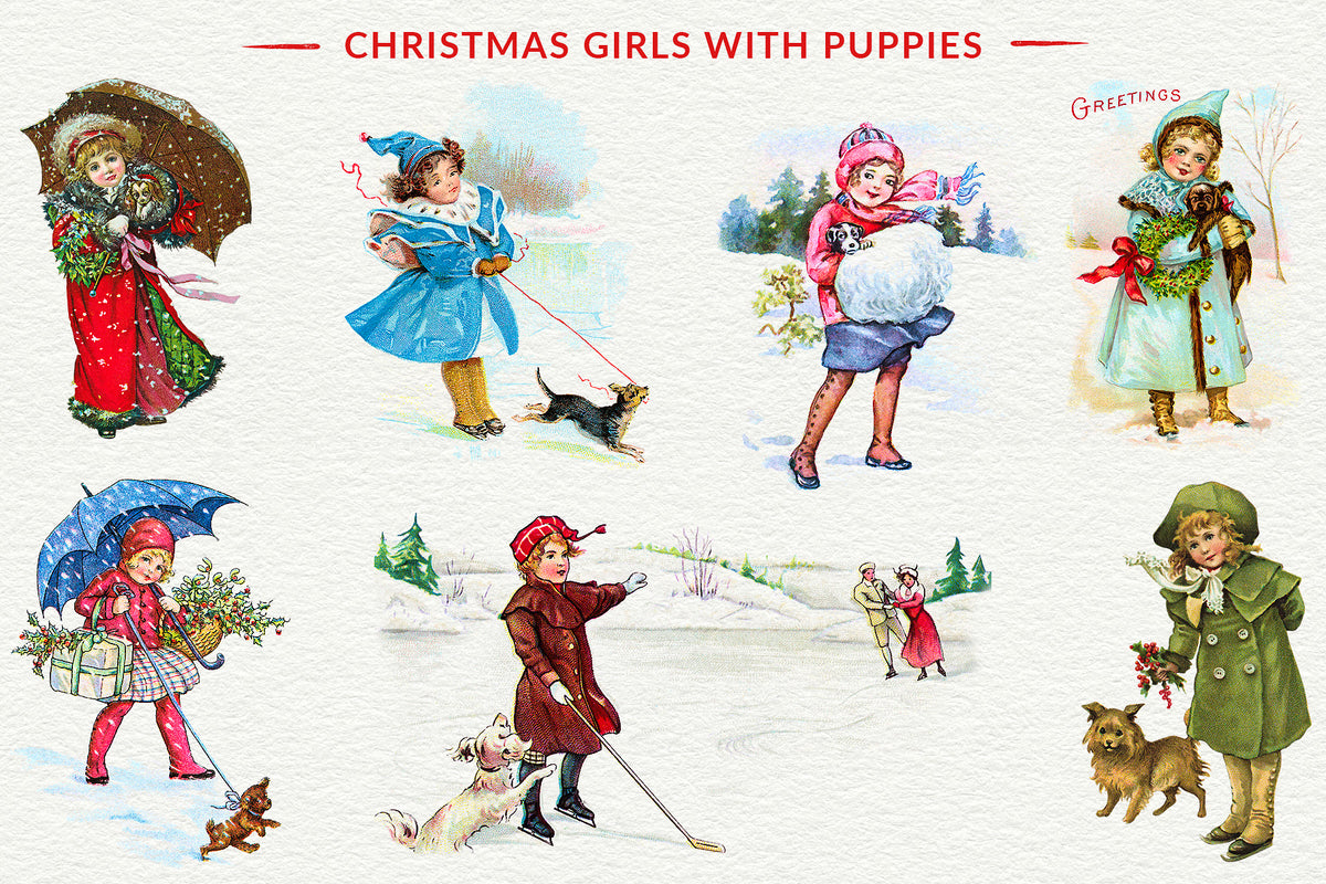 Vintage Christmas illustrations of girls with puppies from the Vintage Christmas Illustrations Compendium.
