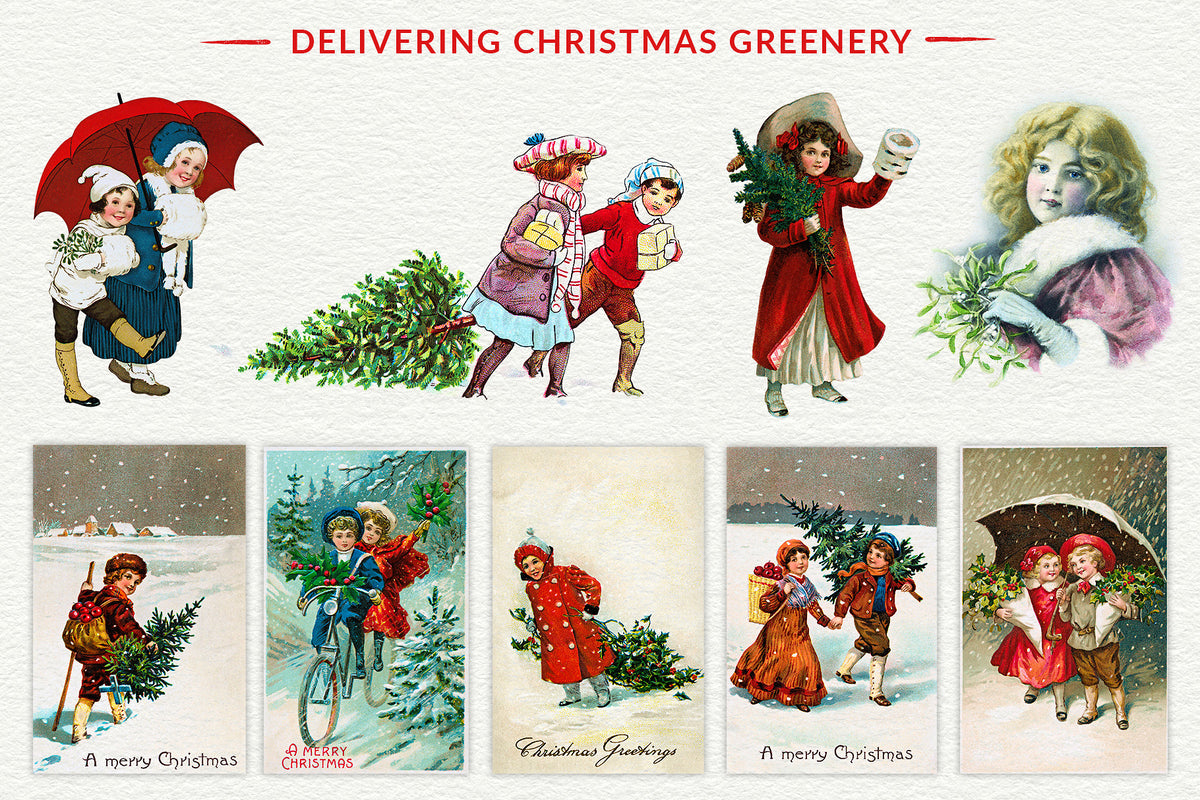 Vintage Christmas illustrations of children carrying holly, christmas trees and other greenery.