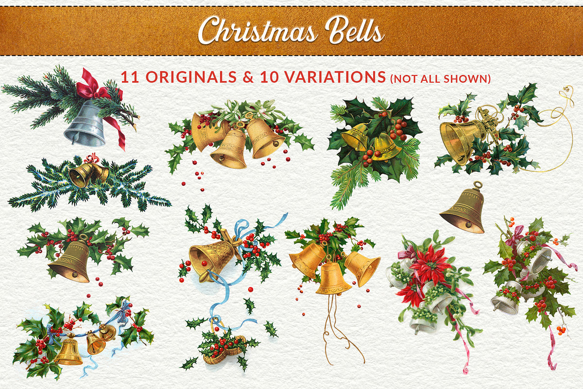 Vintage Christmas Bells Illustration Graphics from the Vintage Christmas Illustrations Compendium extended license graphics collection.