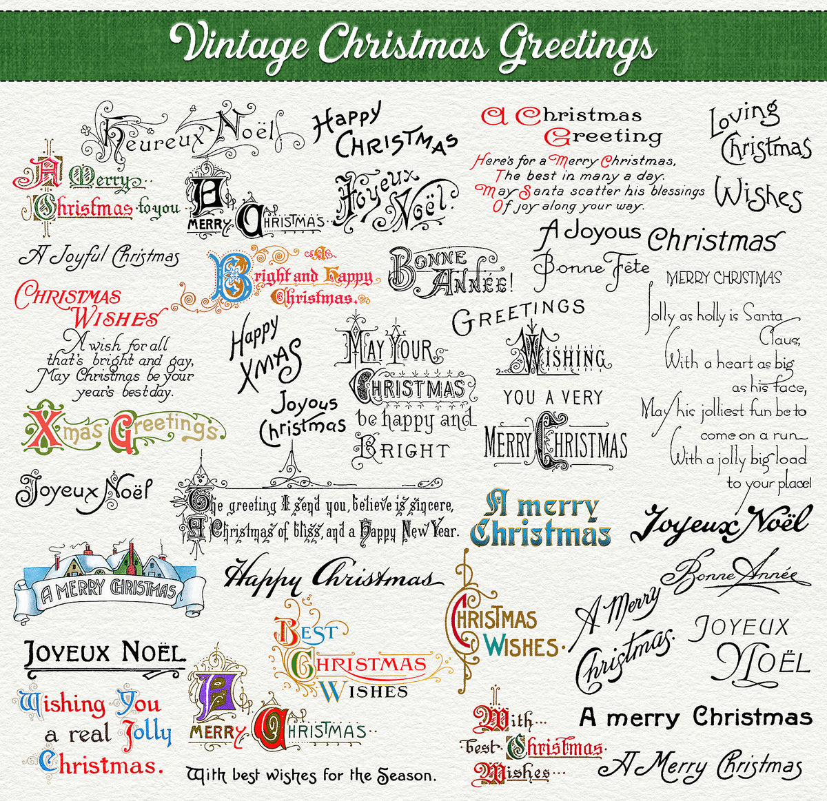Vintage Christmas greetings digital graphics.