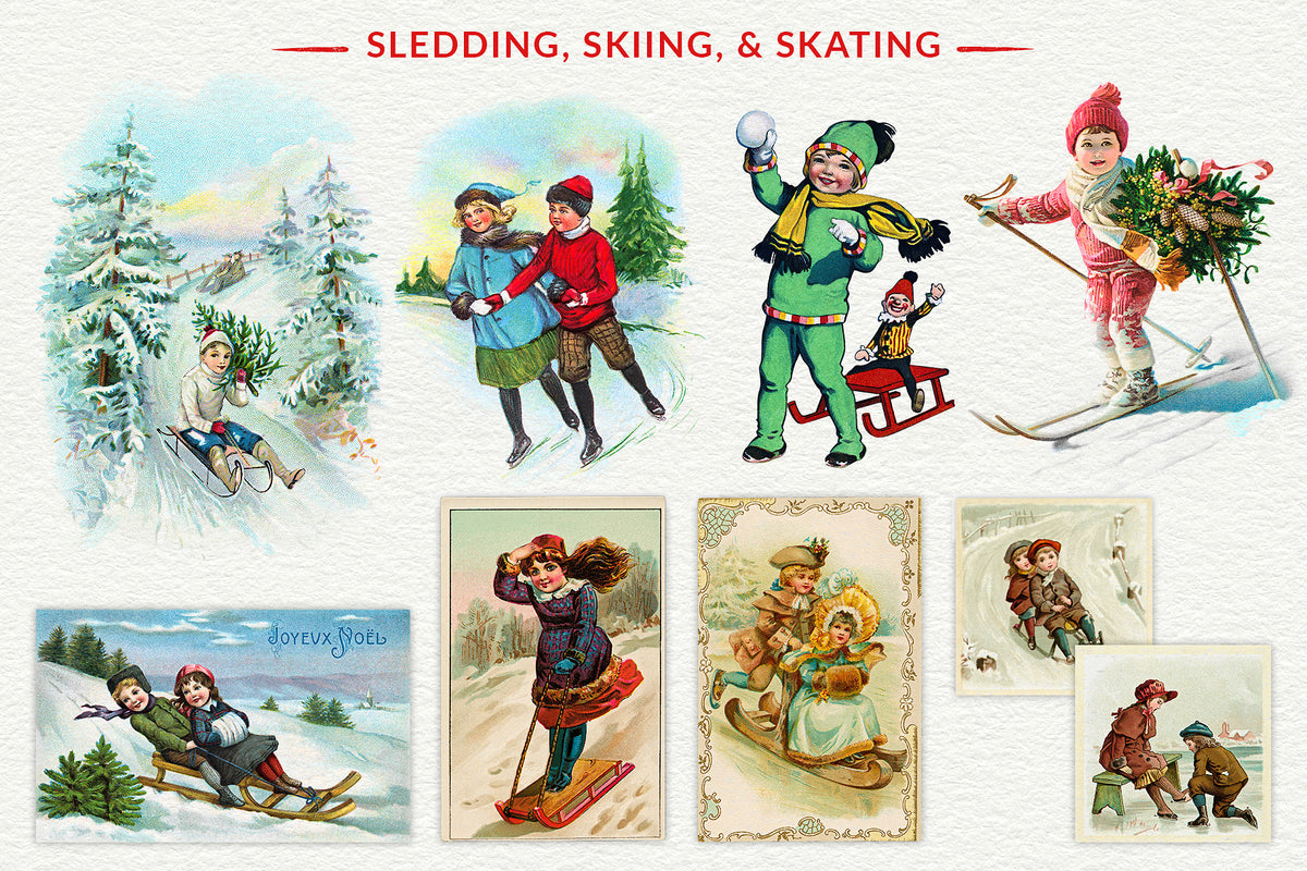 Vintage Christmas illustrations of children sledding, skiing, and skating from Vintage Christmas Illustrations Compendium.