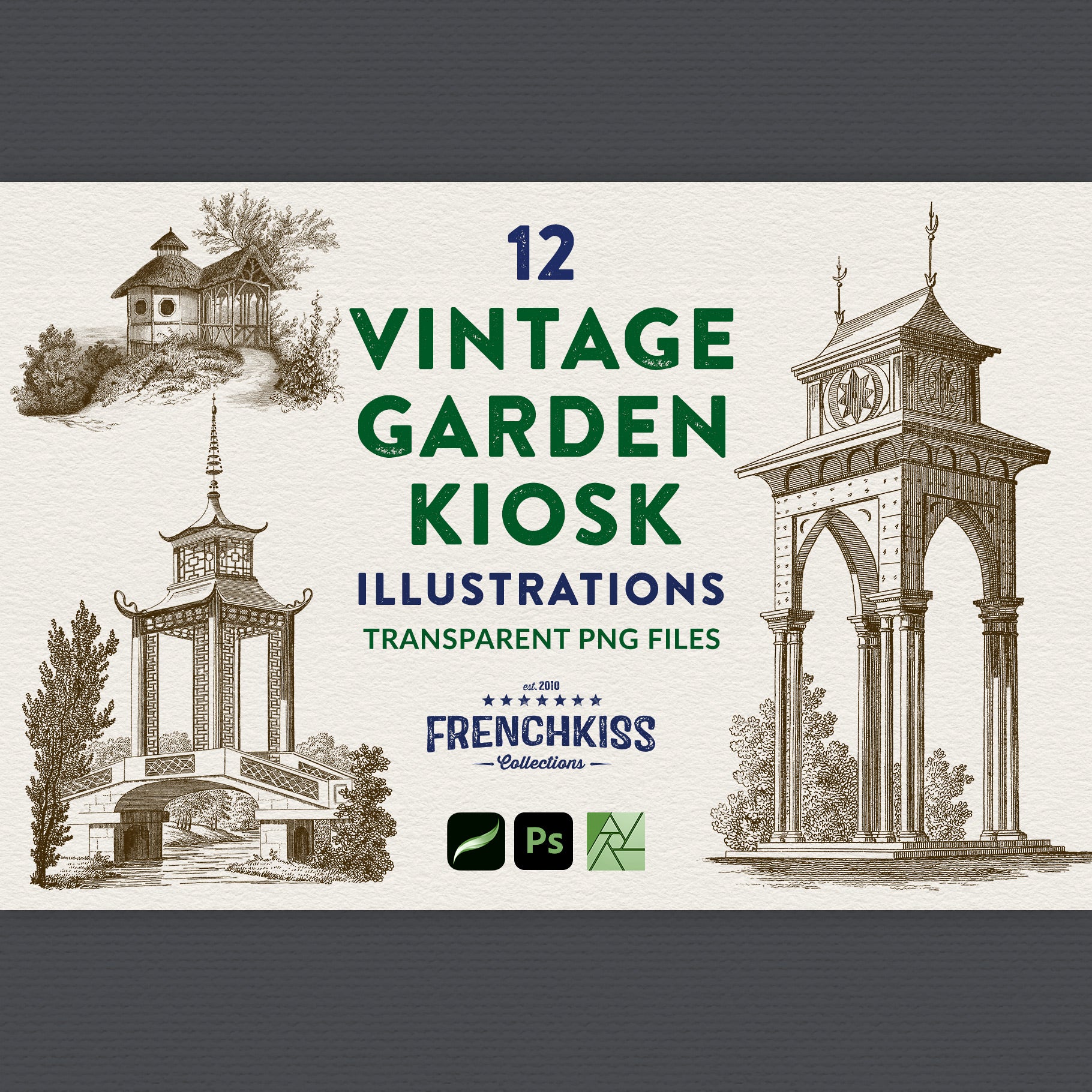 Vintage Garden Kiosks digital illustration graphics commercial license.