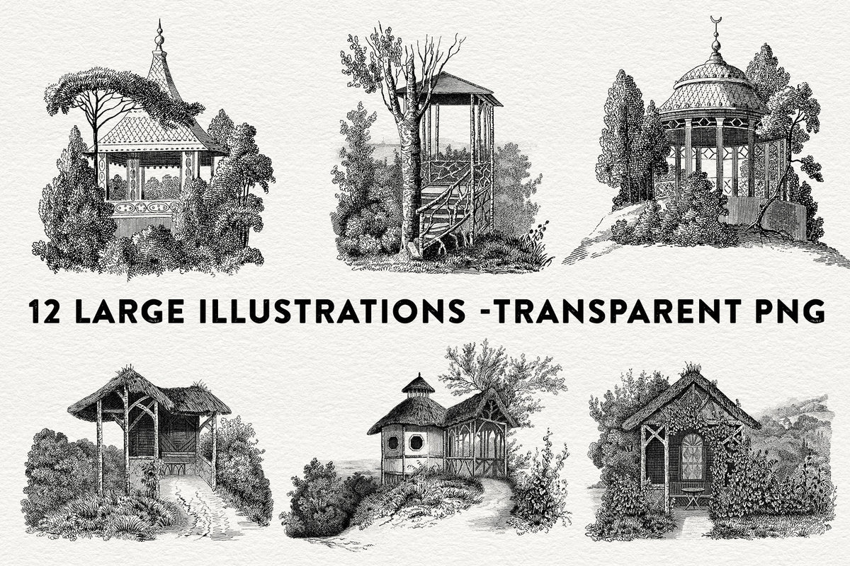 Vintage Garden Kiosks digital illustration graphics commercial license part 1.
