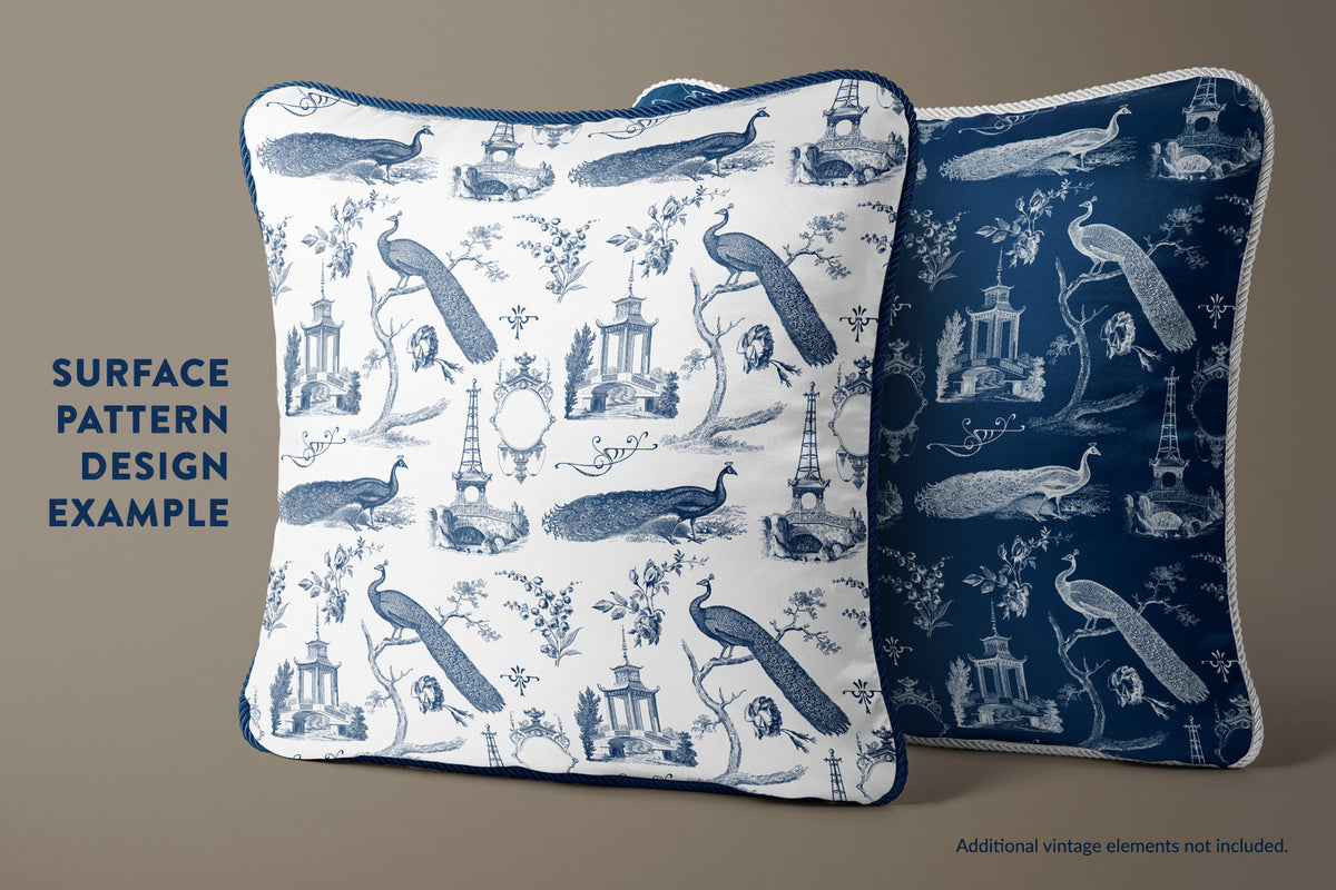 Surface pattern design pillows using vintage graphics.