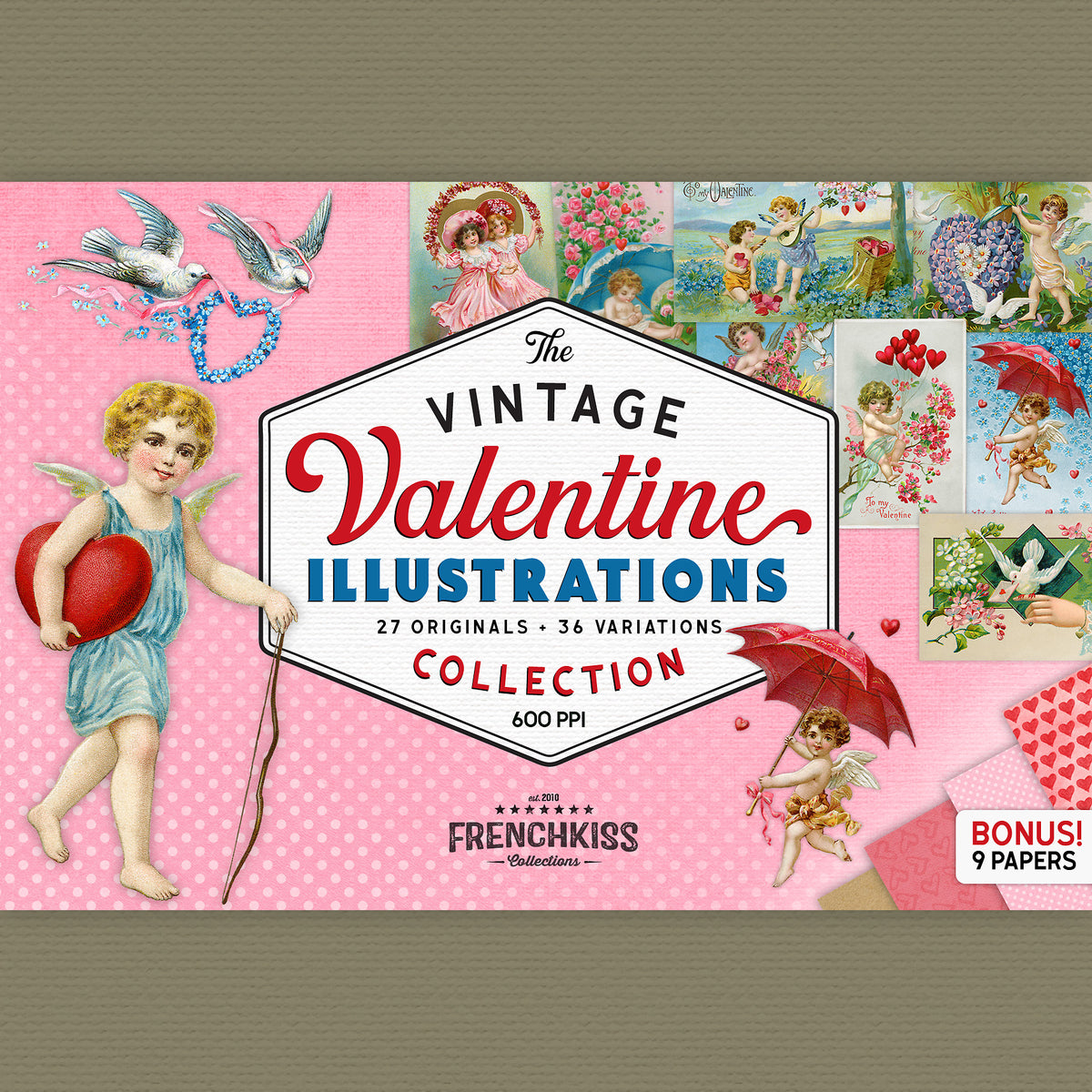 Vintage Valentine Illustrations digital graphics collection High Res, Extended commercial license.