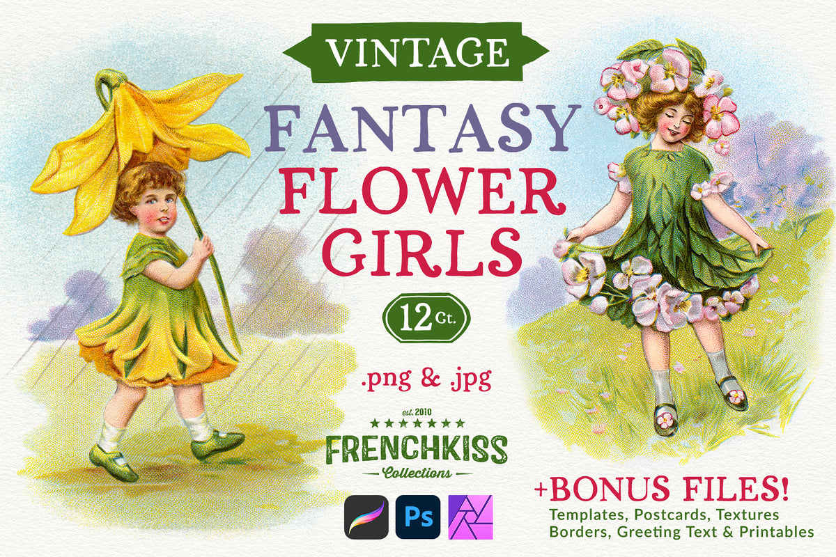 Vintage Fantasy Flower Girls Illustration digital graphics.