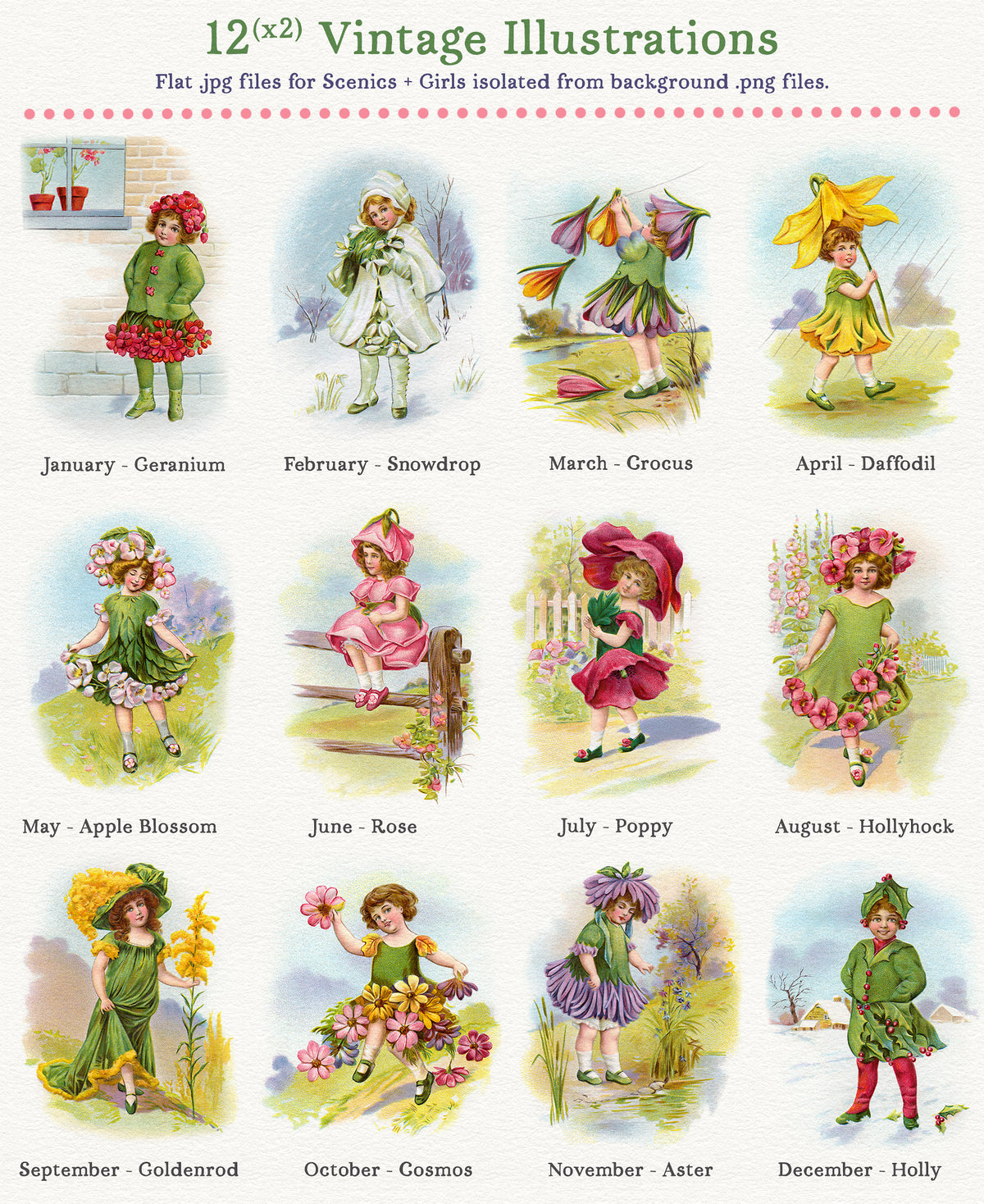 Vintage Fantasy Flower Girls Illustration digital graphics.