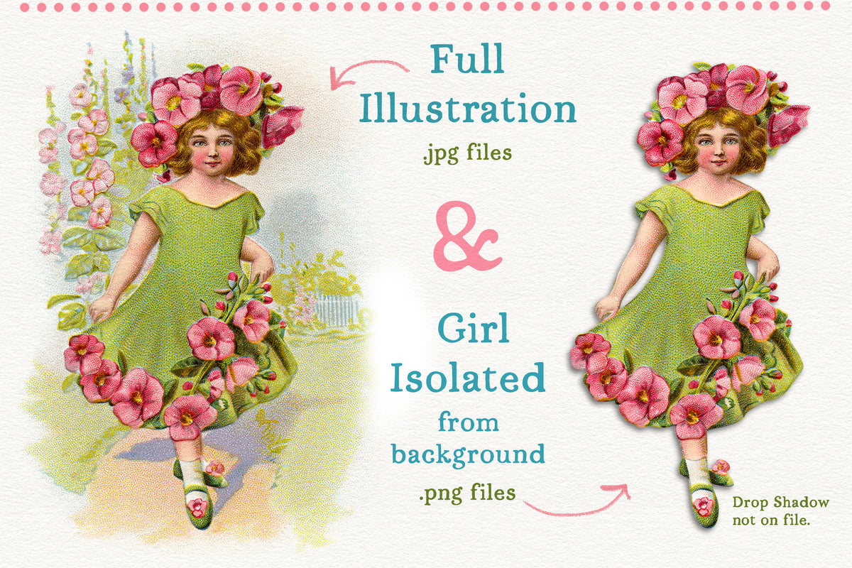 Vintage Fantasy Flower Girls Illustration digital graphics scenic and cutout.