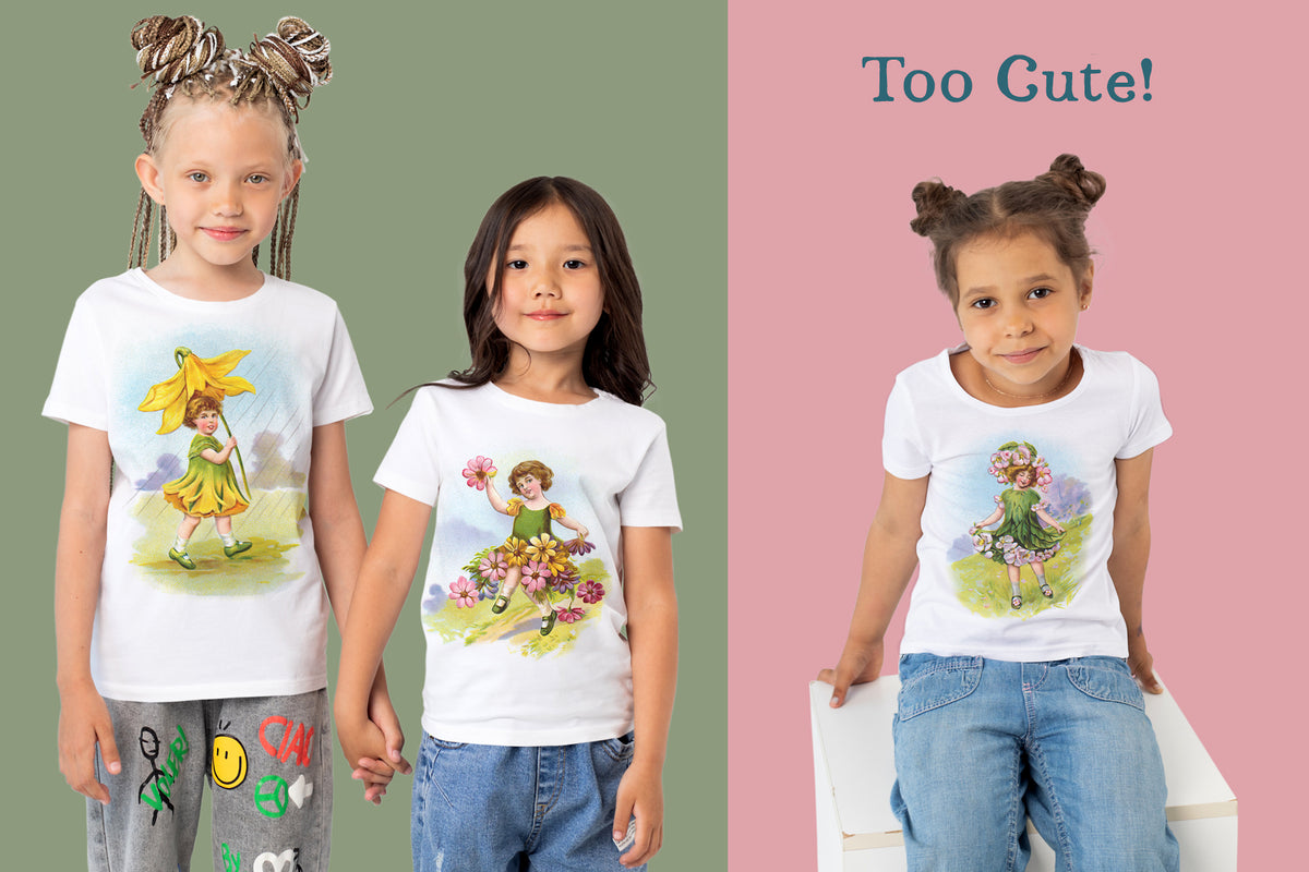The vintage fantasy flower girl digital graphics would be perfect for kid&#39;s apparel.