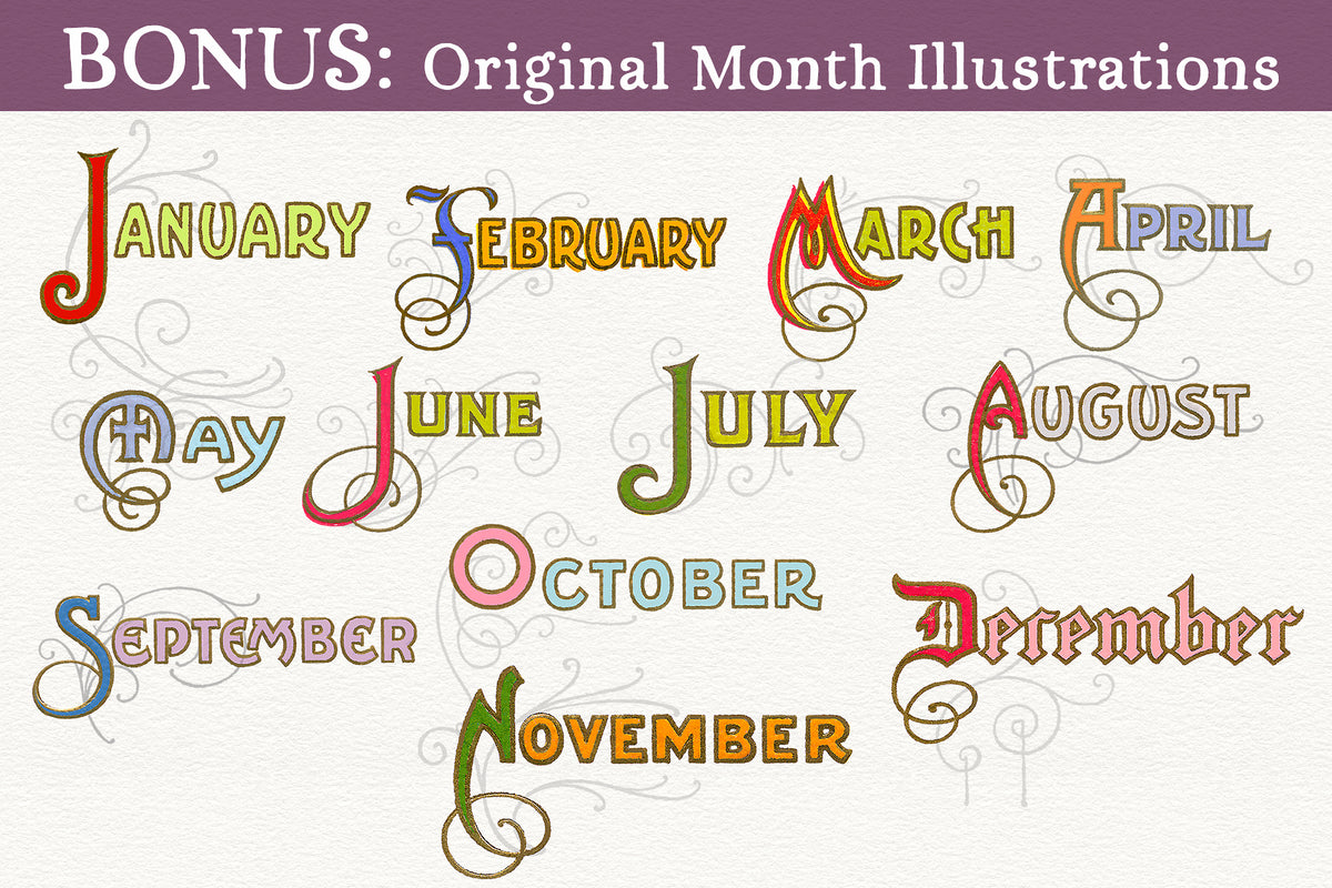 Ornate illustrations of the months January through December vintage illustrations.