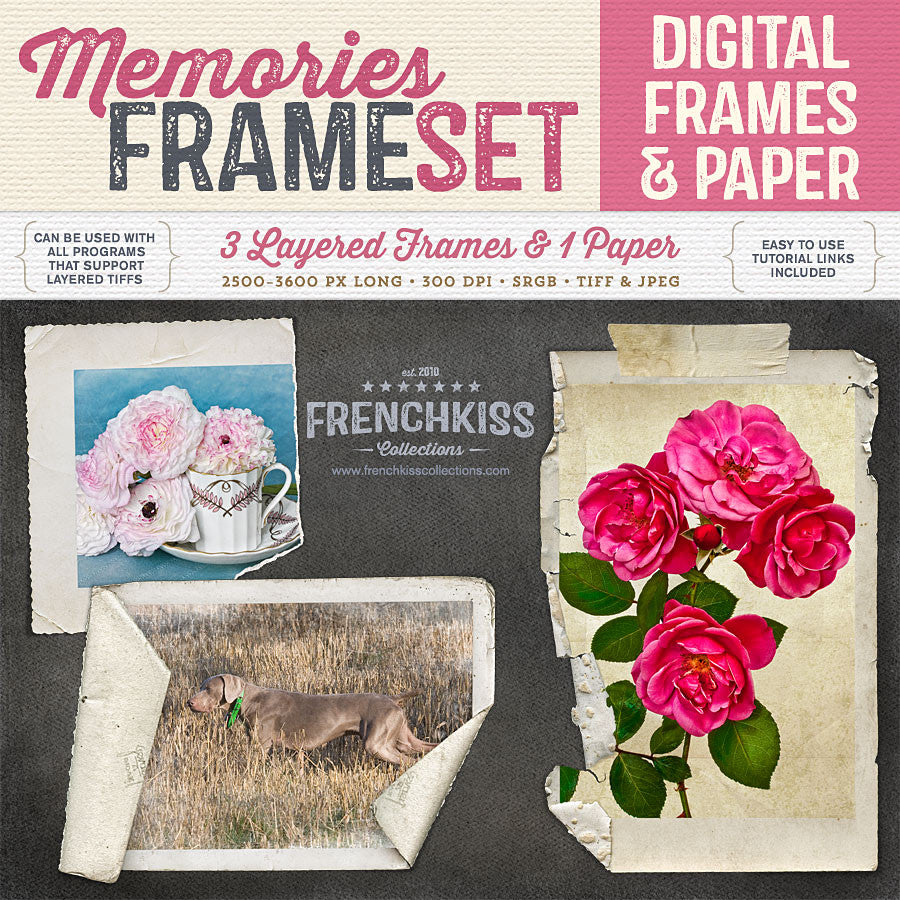 Memories digital frame set with layered grunge frames, tape and digital paper.