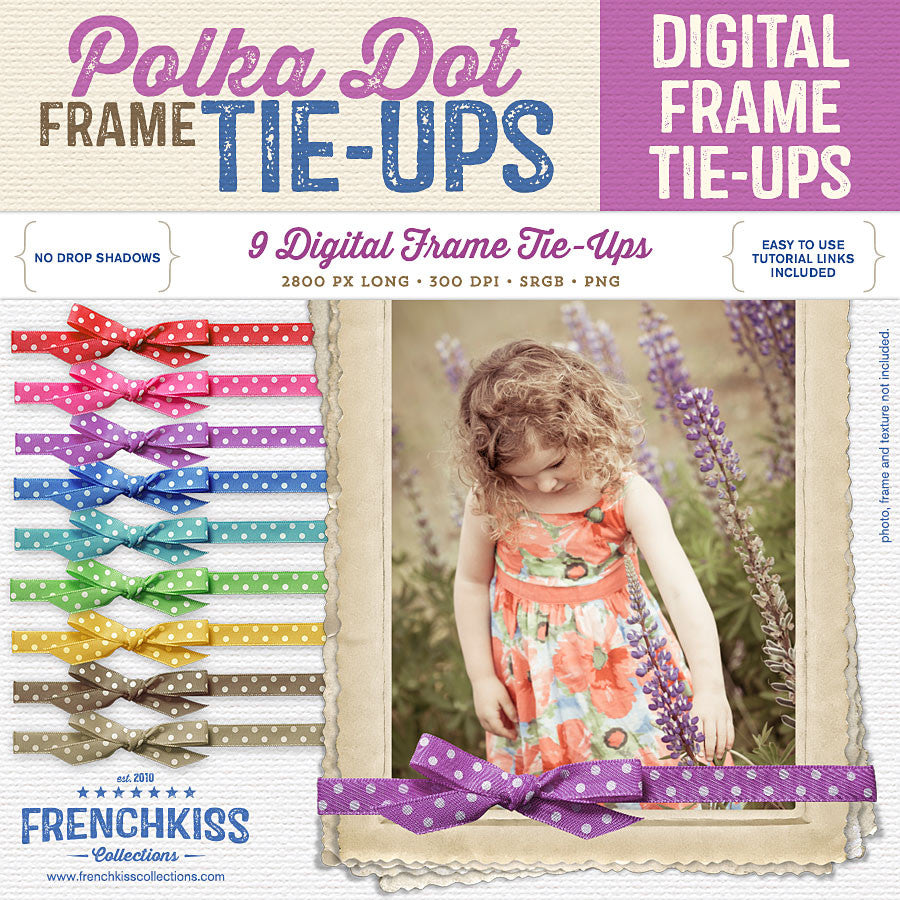 Polka dot bow and ribbon Frame Tie-Ups for digital frames.