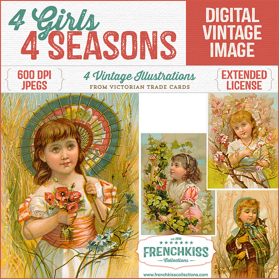 Especially lovely vintage illustrations from Victorian trade cards of girls in the garden depicting the 4 seasons. 