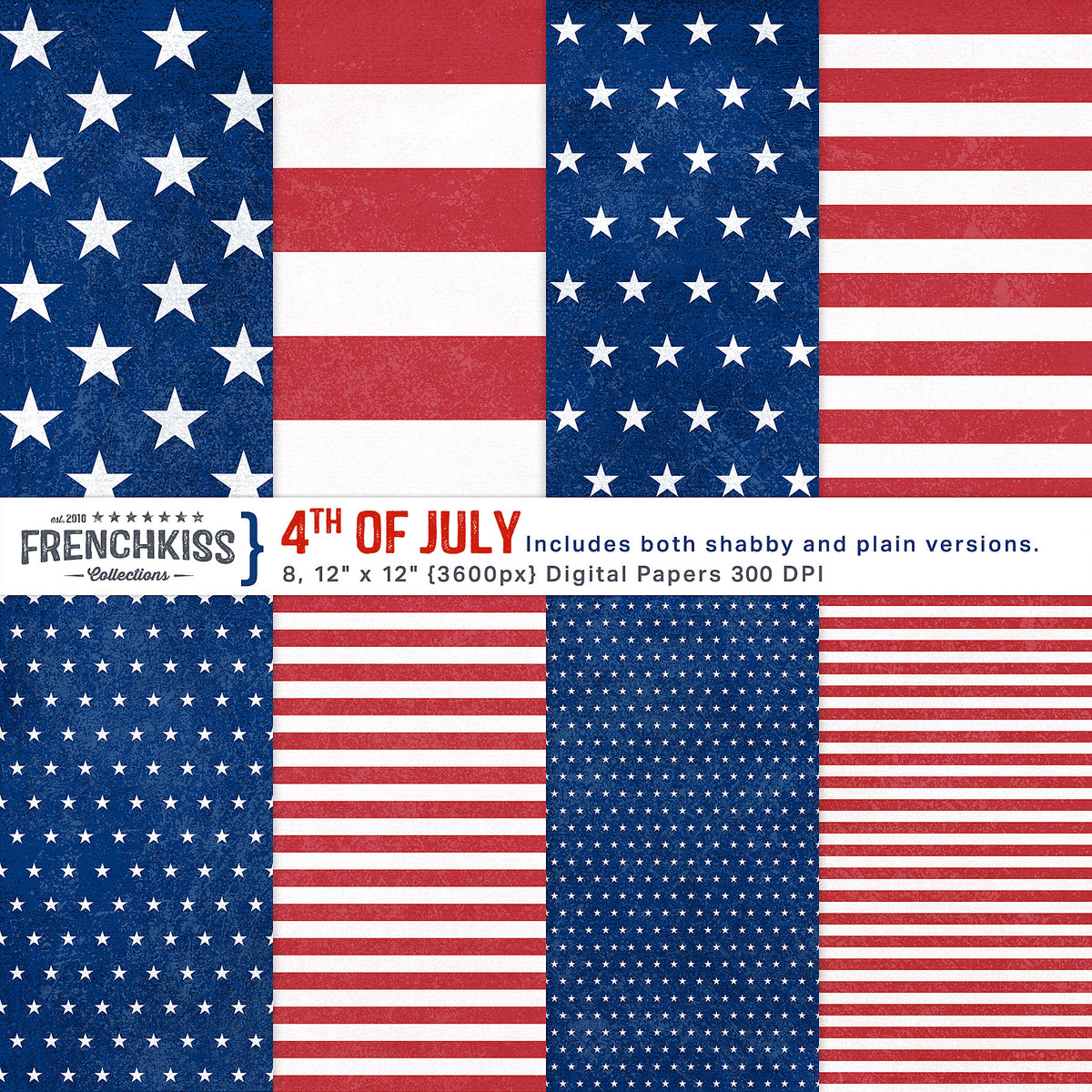 4th of July, red, white and blue stars and stripes digital papers. Personal and Extended licenses.