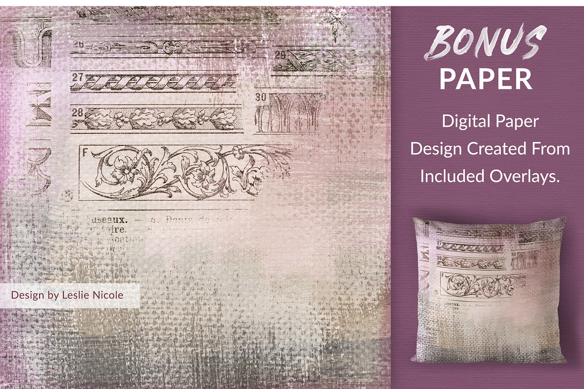 Bonus digital paper using brushed canvas overlays and vintage French ornaments.