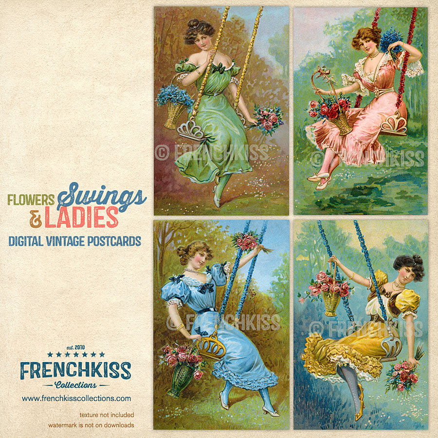 Flowers, Swings, and Ladies Digital Vintage Postcard
