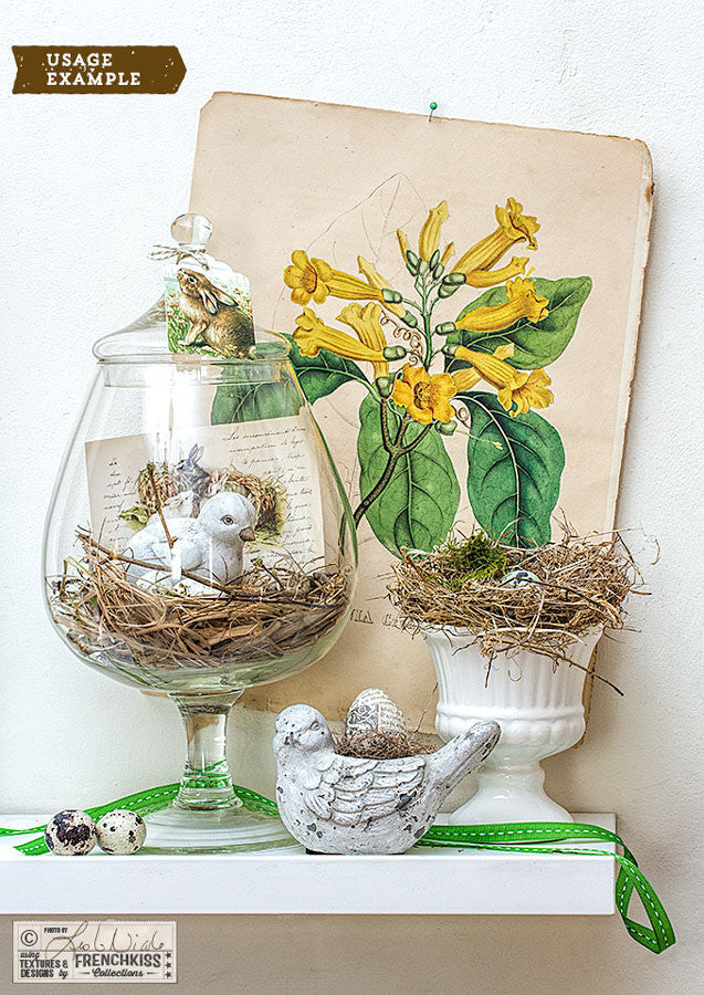 Vintage Easter display with Apothocary jar and botanical print.