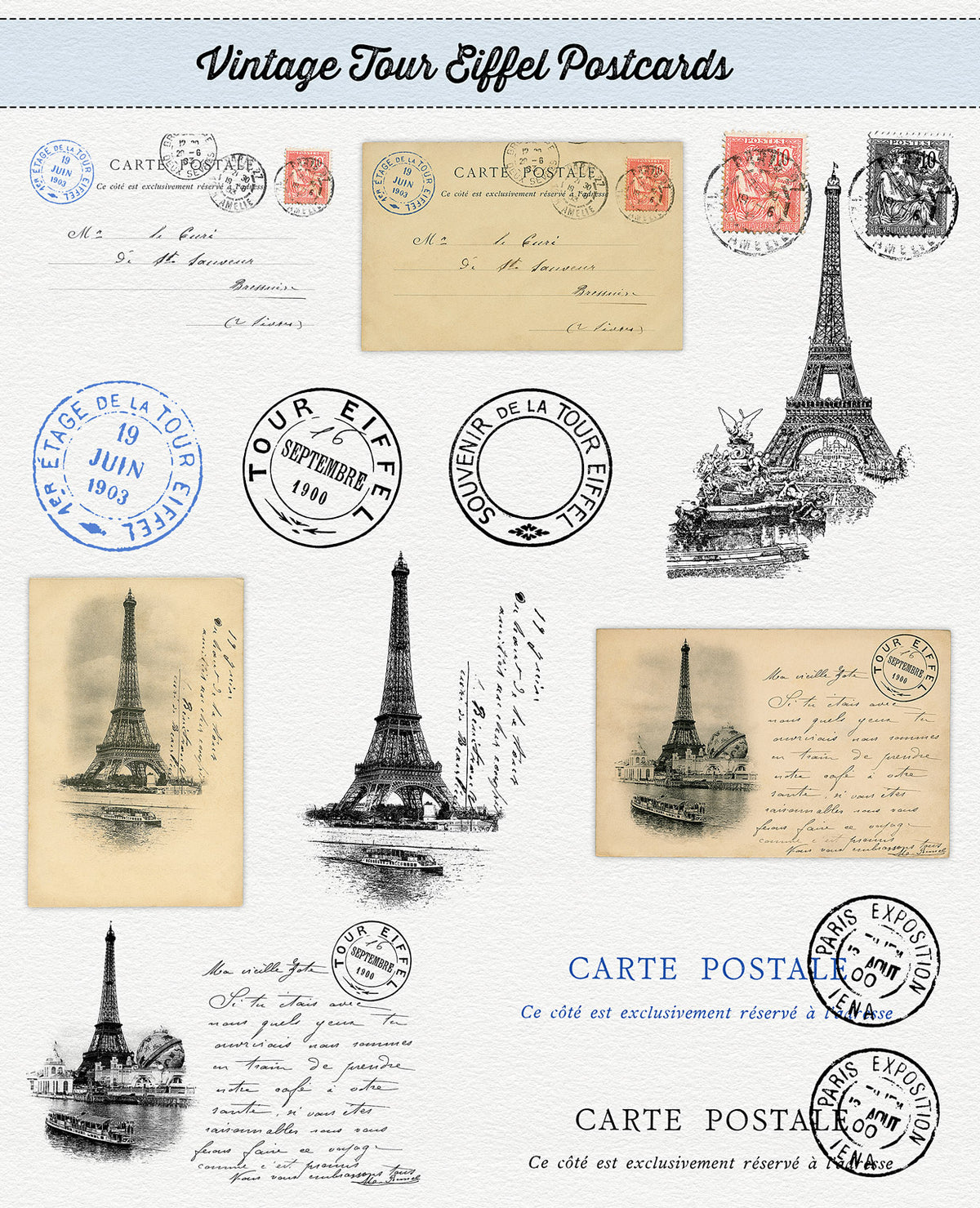 Eiffel Tower vintage postcards with stamps, illustrations, and postmarks digital graphics from The Essential Vintage French Graphics Collection.