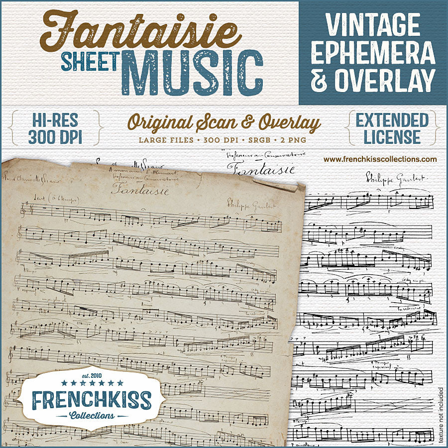 Fantaisie digital vintage French sheet music ephemera and overlay at French Kiss Collections.