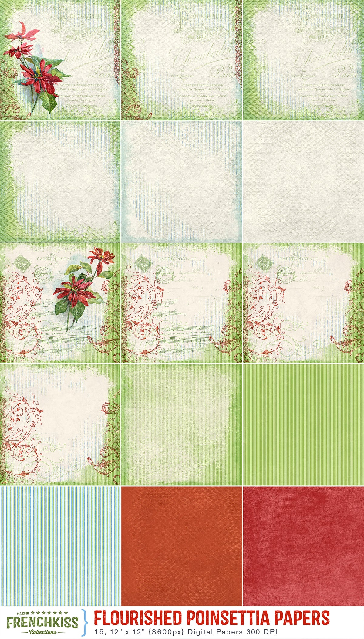 Flourished Poinsettia digital papers with versatile variations and coordinates..