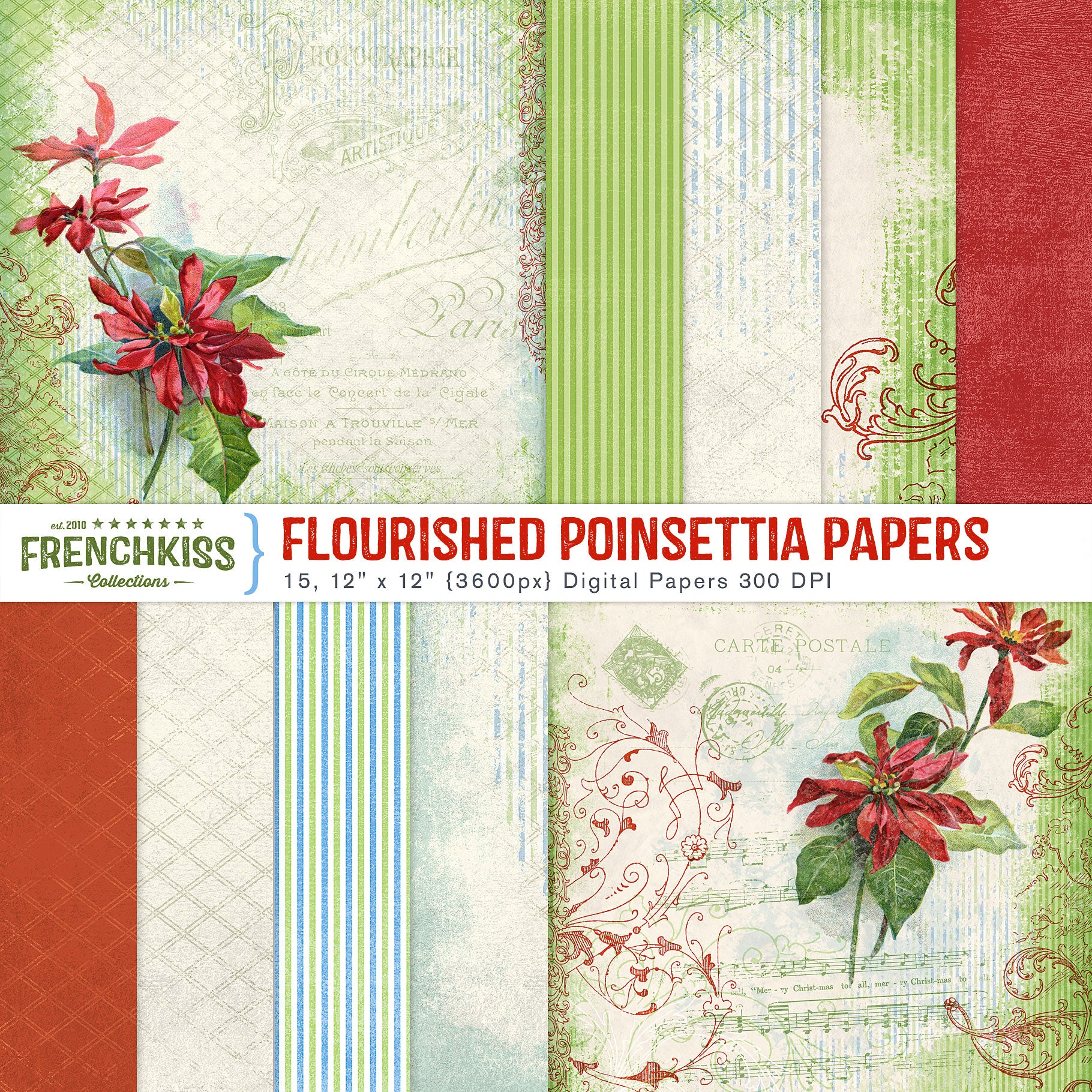 Flourished Poinsettia digital papers.