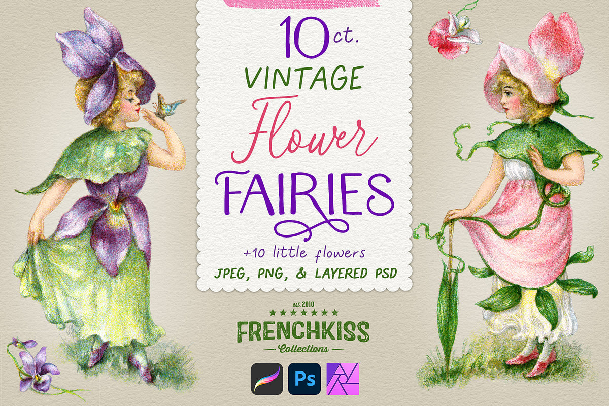 Vintage Flower Fairy Illustration digital graphics extended license.