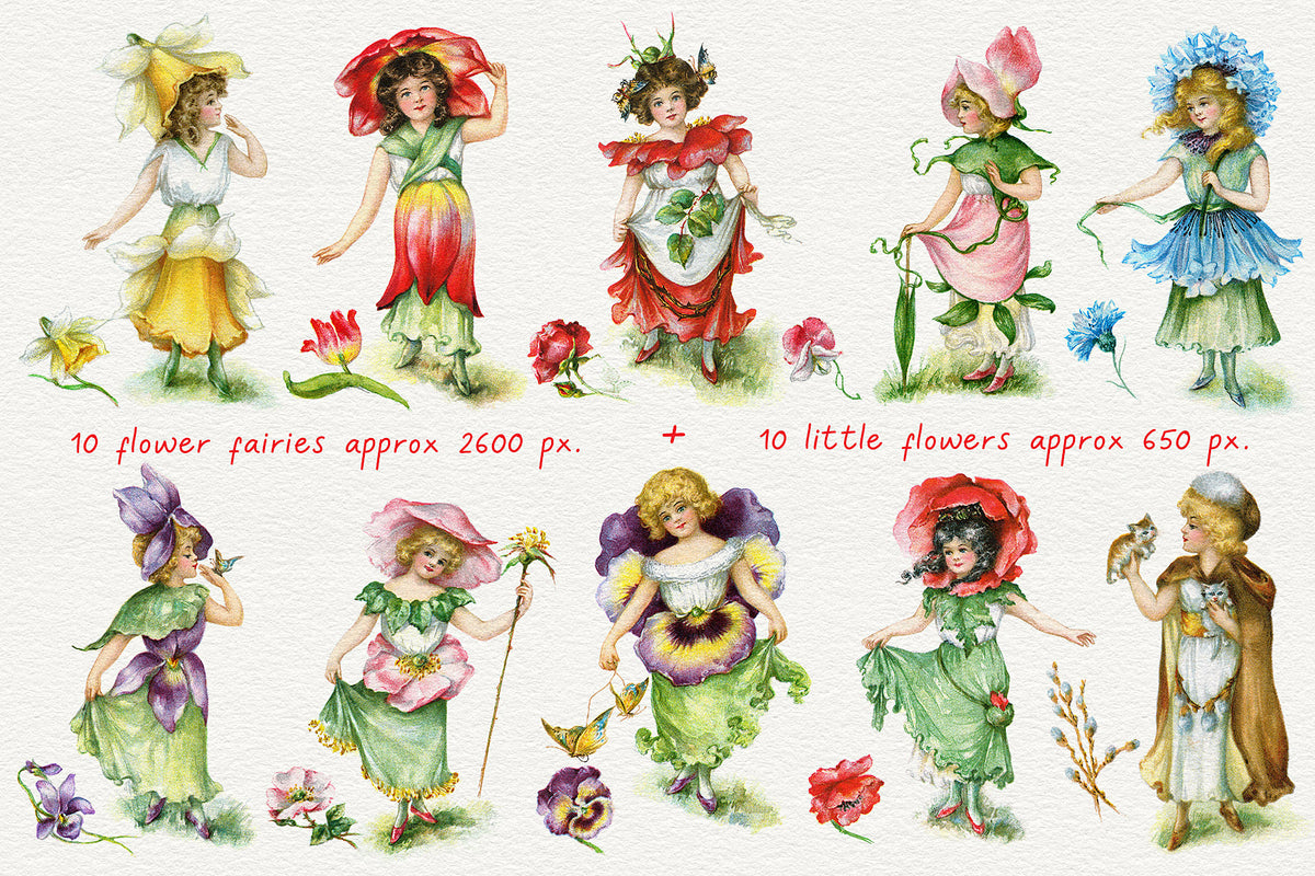 10 Vintage Flower Fairy and 10 little flowers digital graphics.