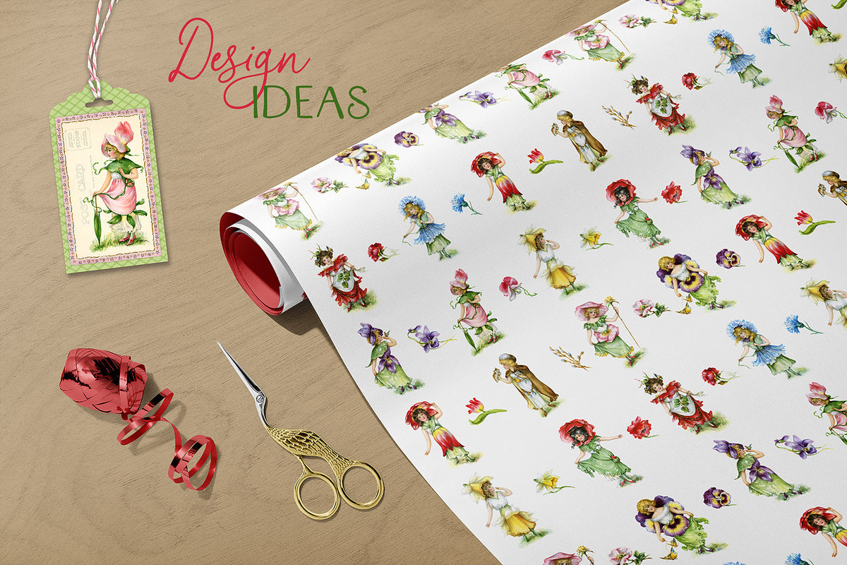 Design ideas for vintage flower fairy illlustrations. Gift tag and wrapping paper.