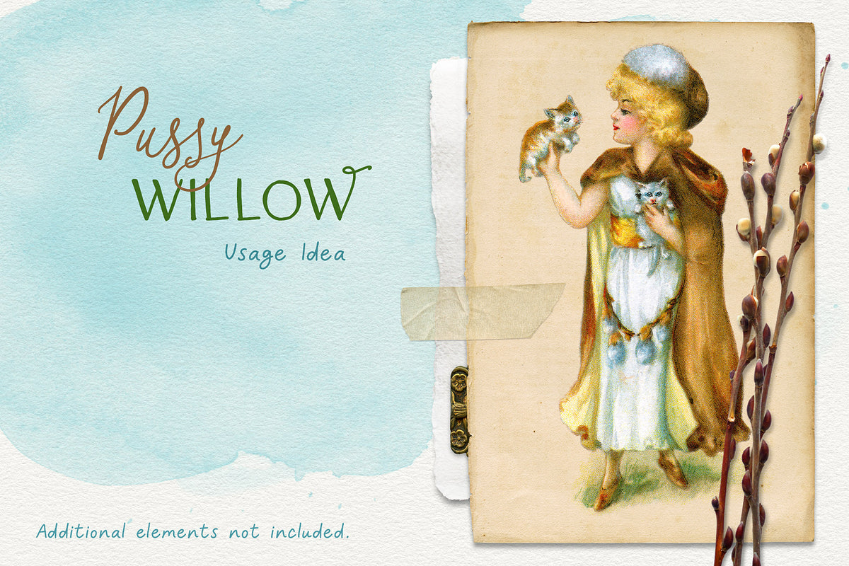 Design idea using the Pussy Willow vintage flower fairy illustration.
