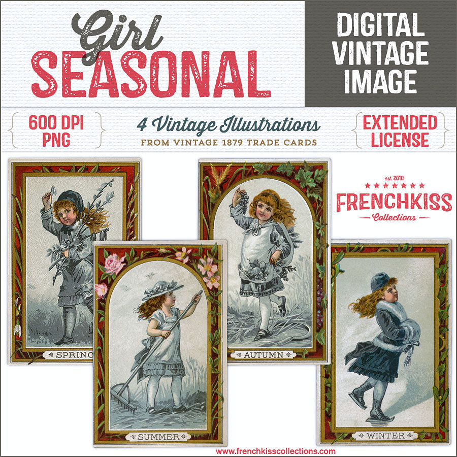 4 charming digital illustrations from Victorian Trade Cards of a girl outdoors in each season. 