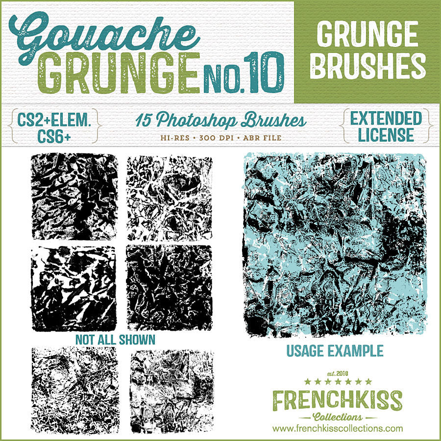 Rough square Photoshop grunge brushes made from applying gouache paint to onto crumpled paper.