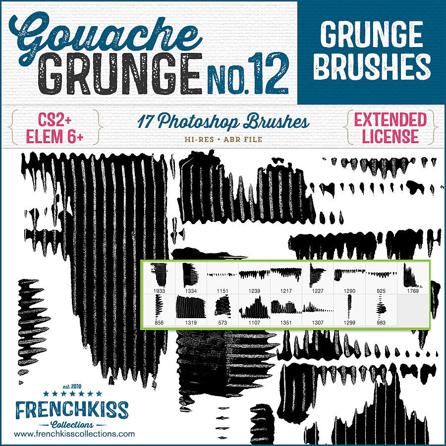 17 Photoshop grunge brushes made from a dragging gouache with a comb tool.