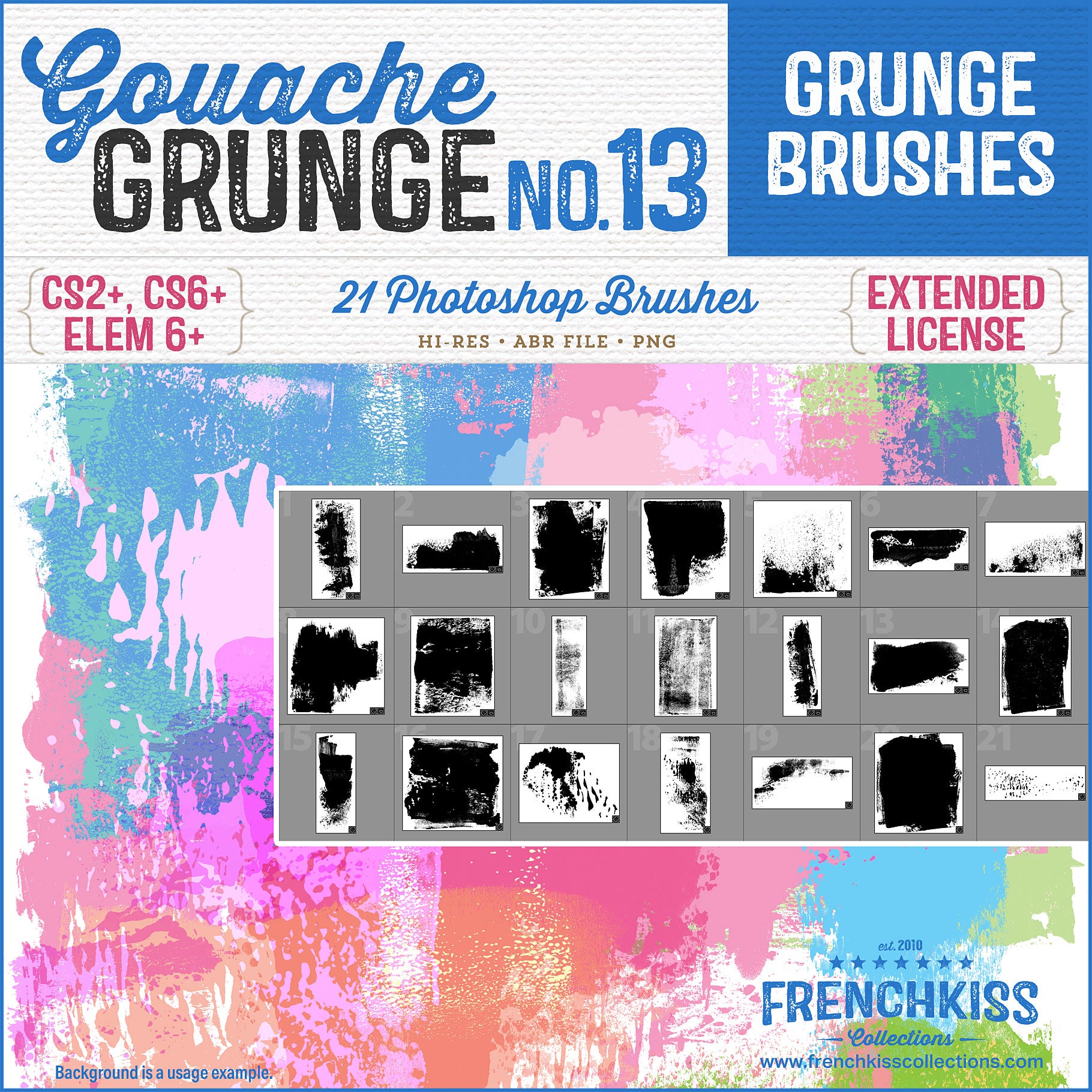 21 Photoshop brushes made from Gouache paint. Arty and grungy. 