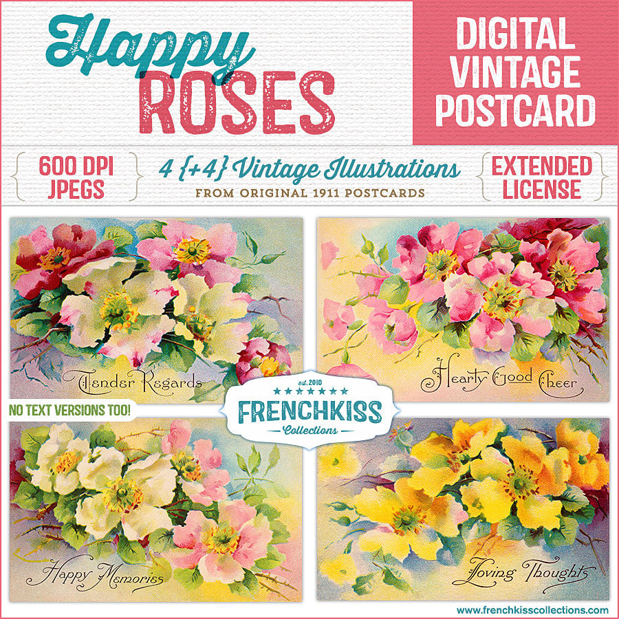 Happy Roses Digital Vintage Postcards - French Kiss Collections