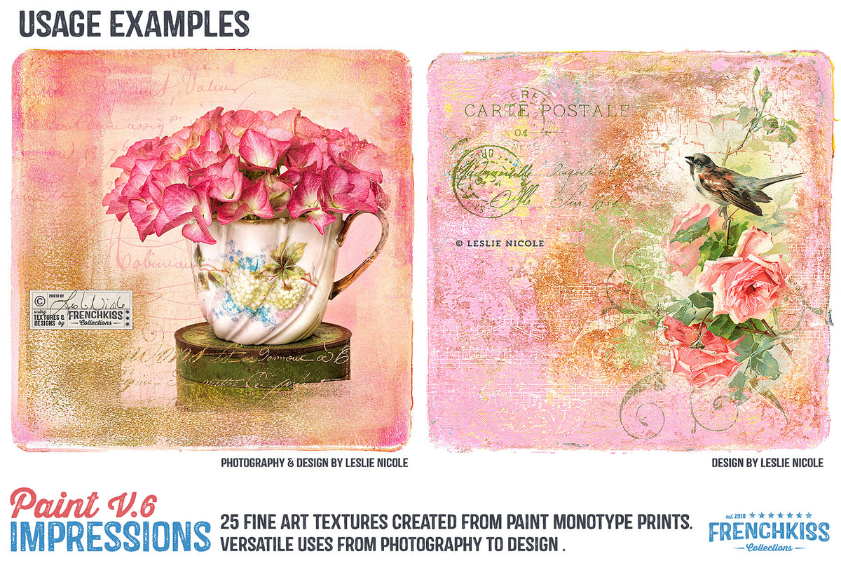 Design and photography examples using the Paint Impressions V.6 texture collection.