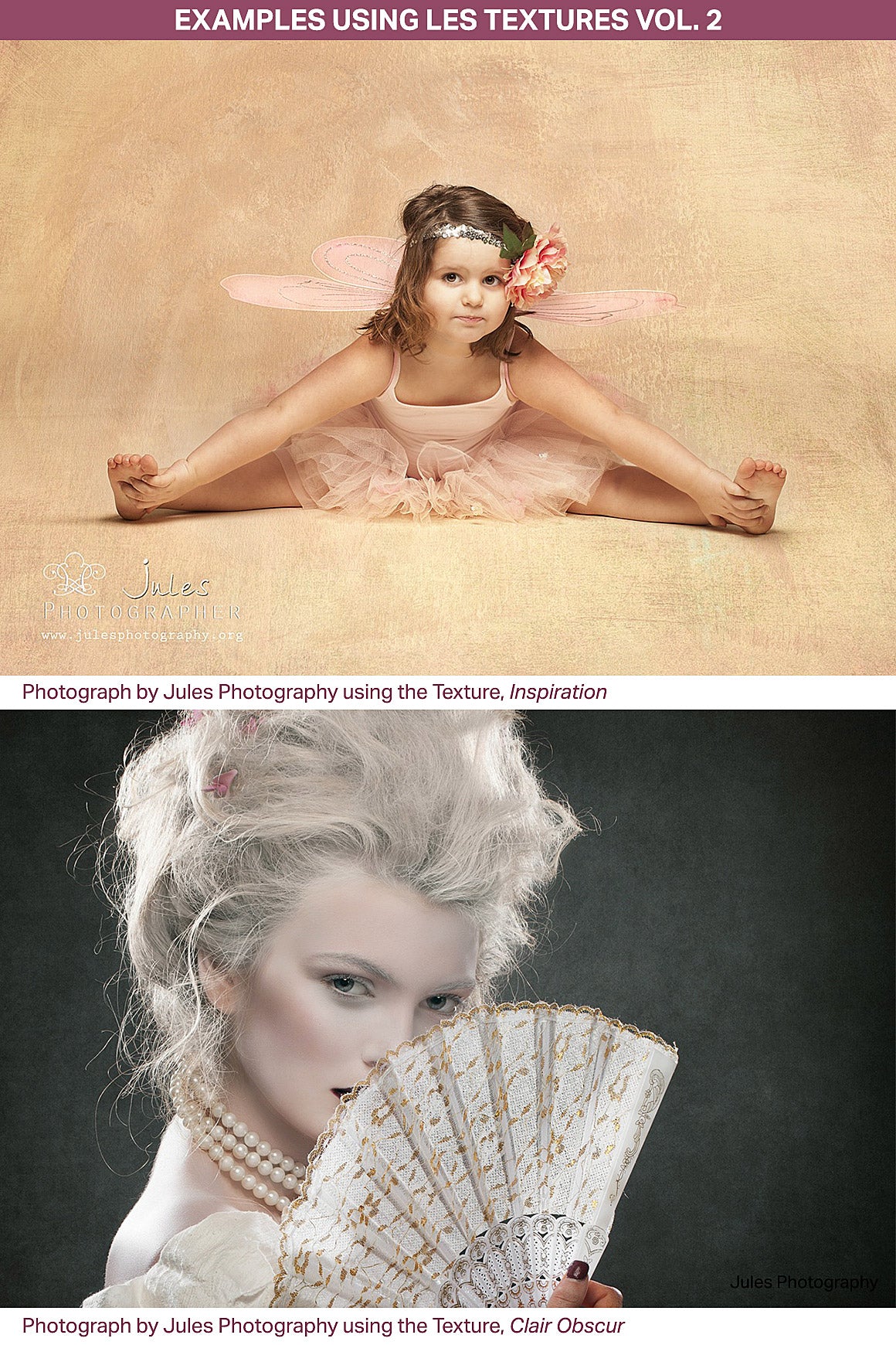 Textured portrait photography examples using the Les Textures 2 Collection. 