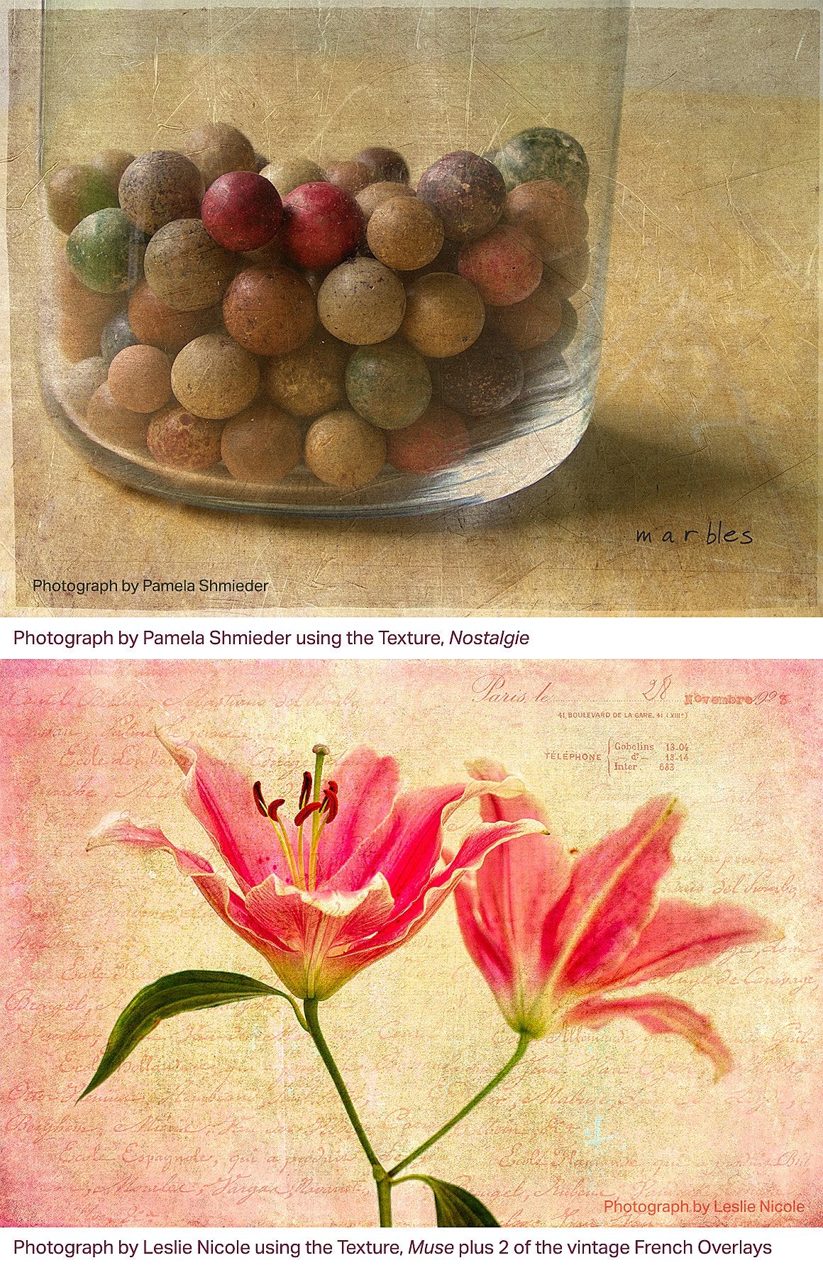 Textured photography examples using the Les Textures 2 Collection. 