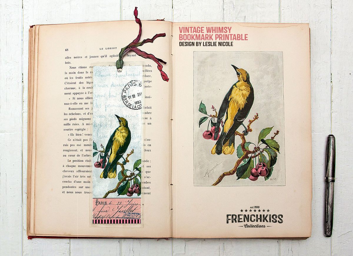 Vintage bird design bookmark printable.