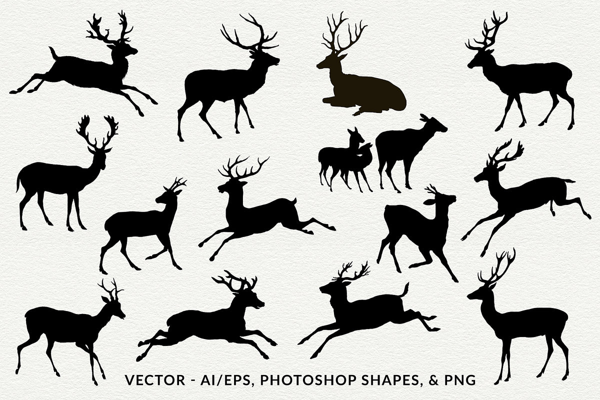 Vintage deer illustrations silhouette graphics. Vecor, PNT, PS Shapes. Black