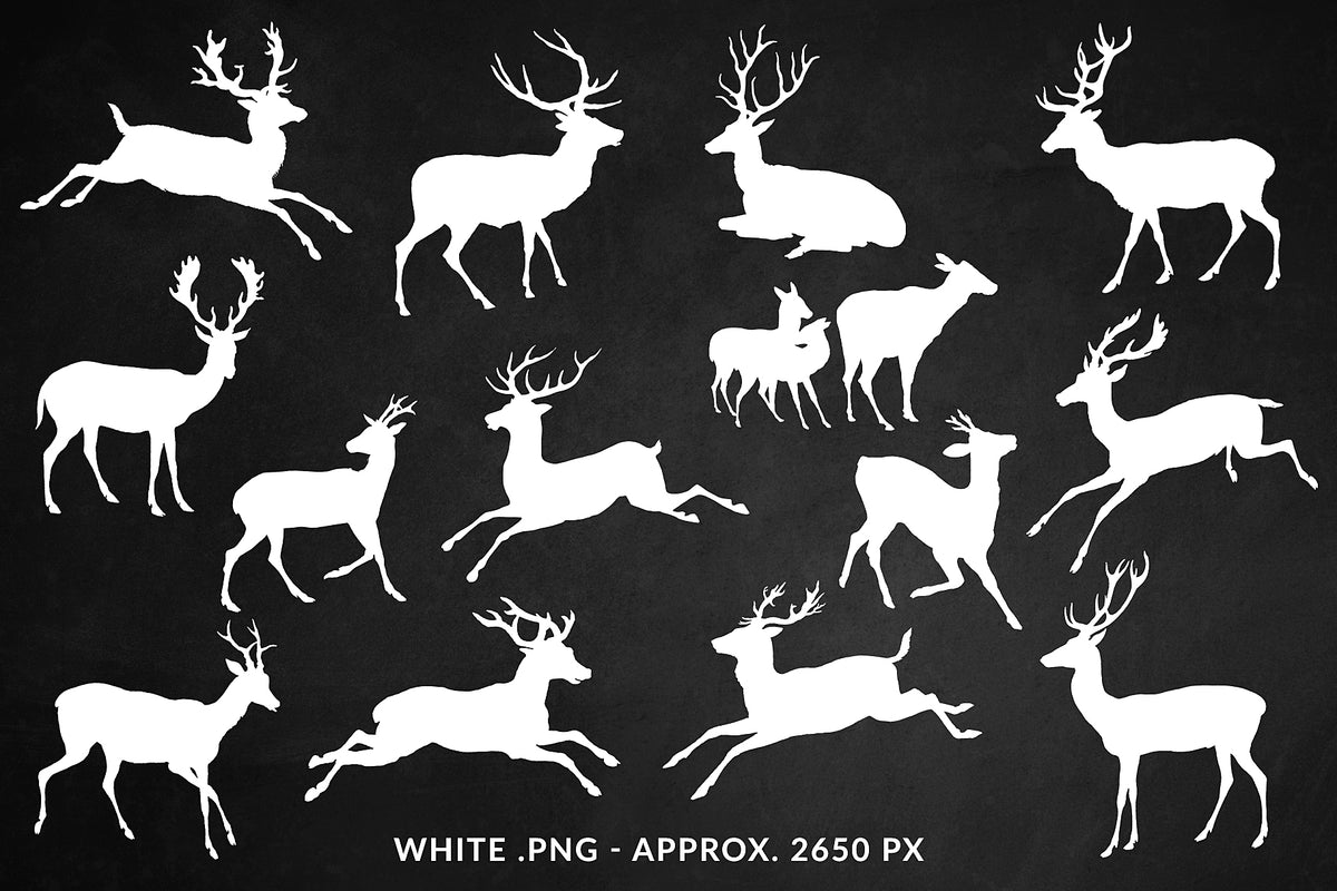 Vintage deer illustrations silhouette graphics. Vecor, PNT, PS Shapes. White.