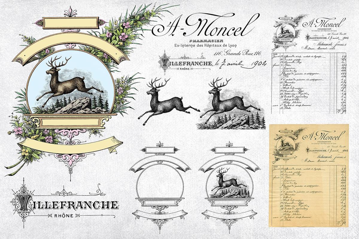 Deer illustration and vintage French digital graphics from a facture.