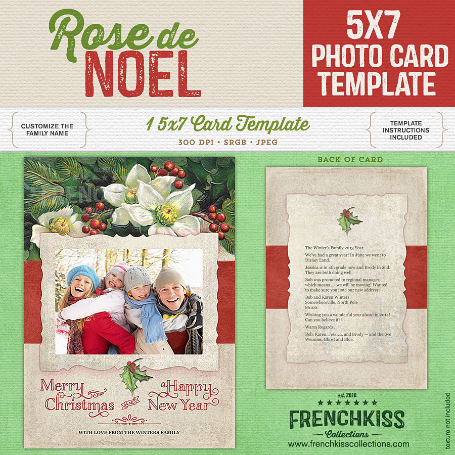 Vintage Rose de Noel Christmas customizable photo card digital template.