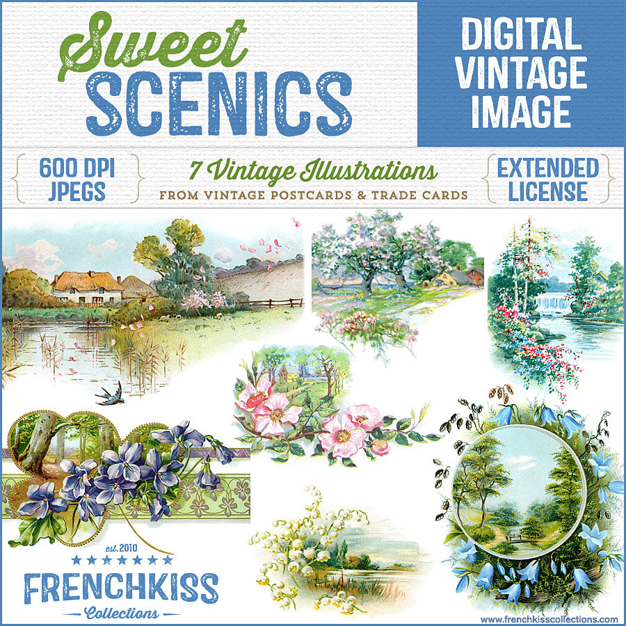 7 sweet landscape digital download illustrations from vintage postcards and Victorian trade cards. 
