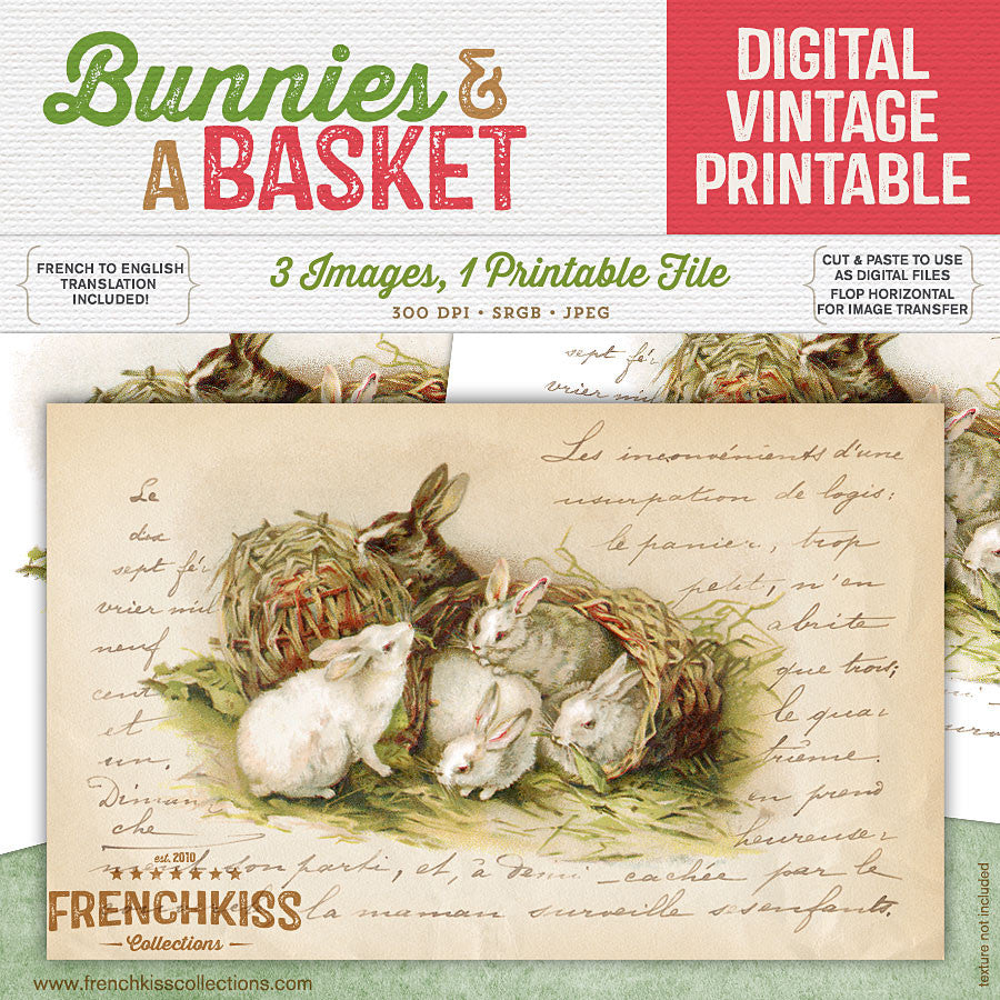 Bunnies and a basket vintage printable with French hand-writing.