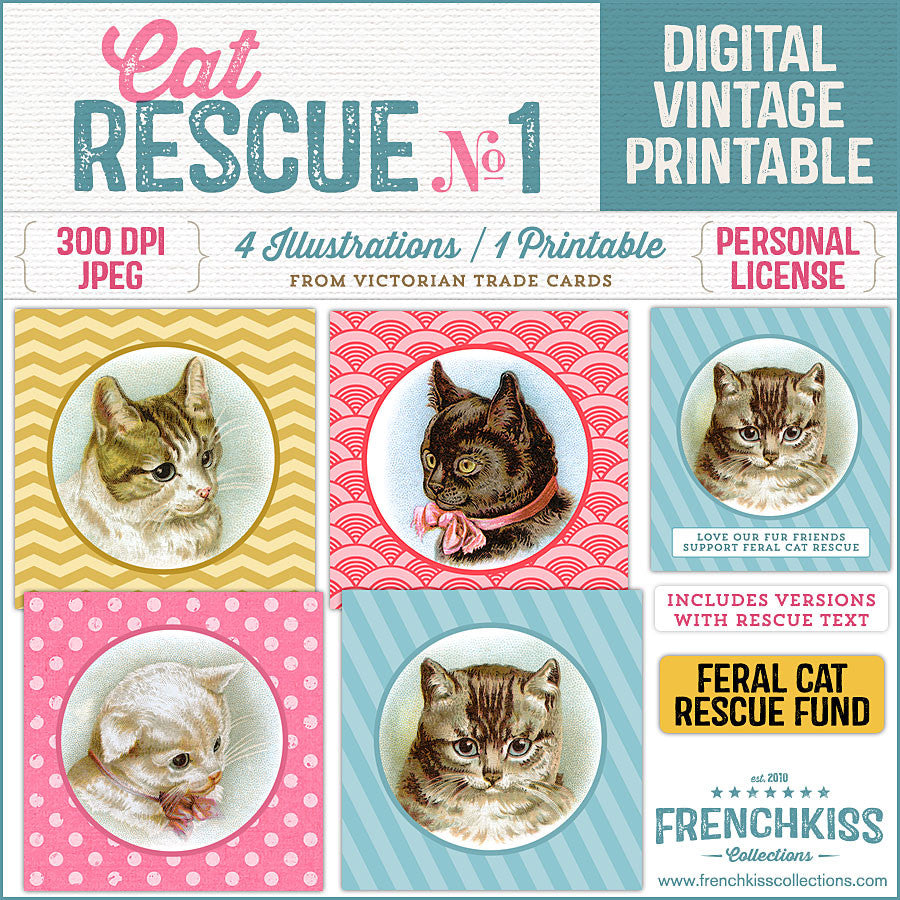 Digital download printable of vintage cat illustrations benefiting feral cat rescue.